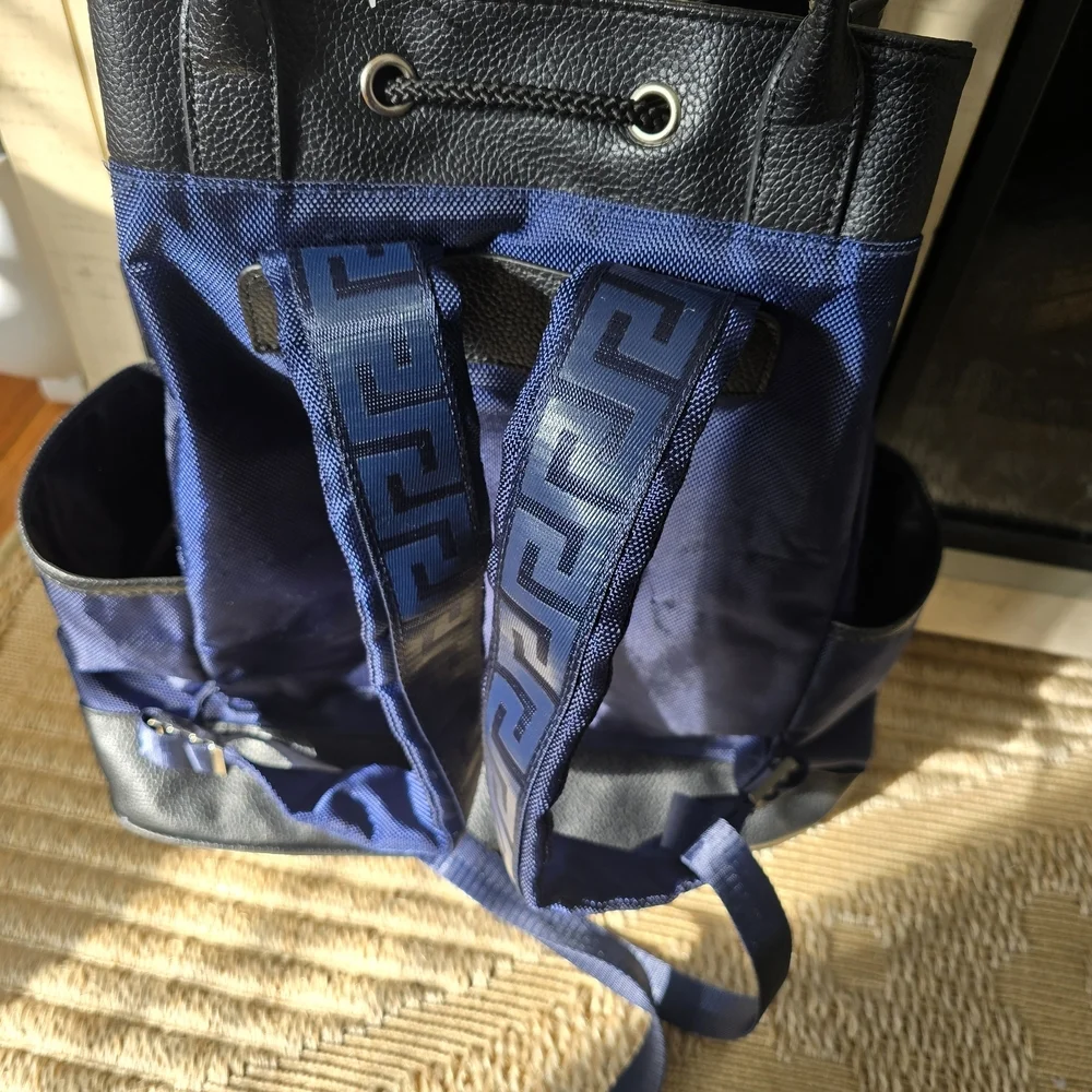 Versace Navy and Black Drawstring Backpack with Front Zip Pocket
